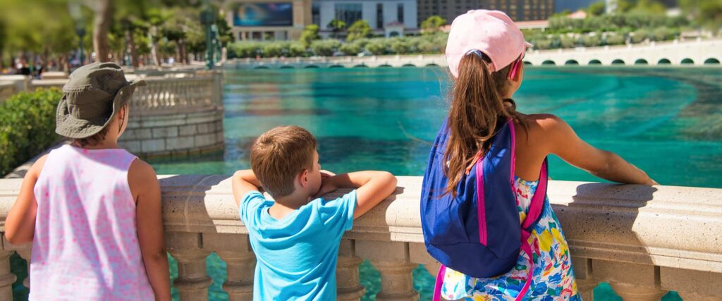 Family looking into fountain