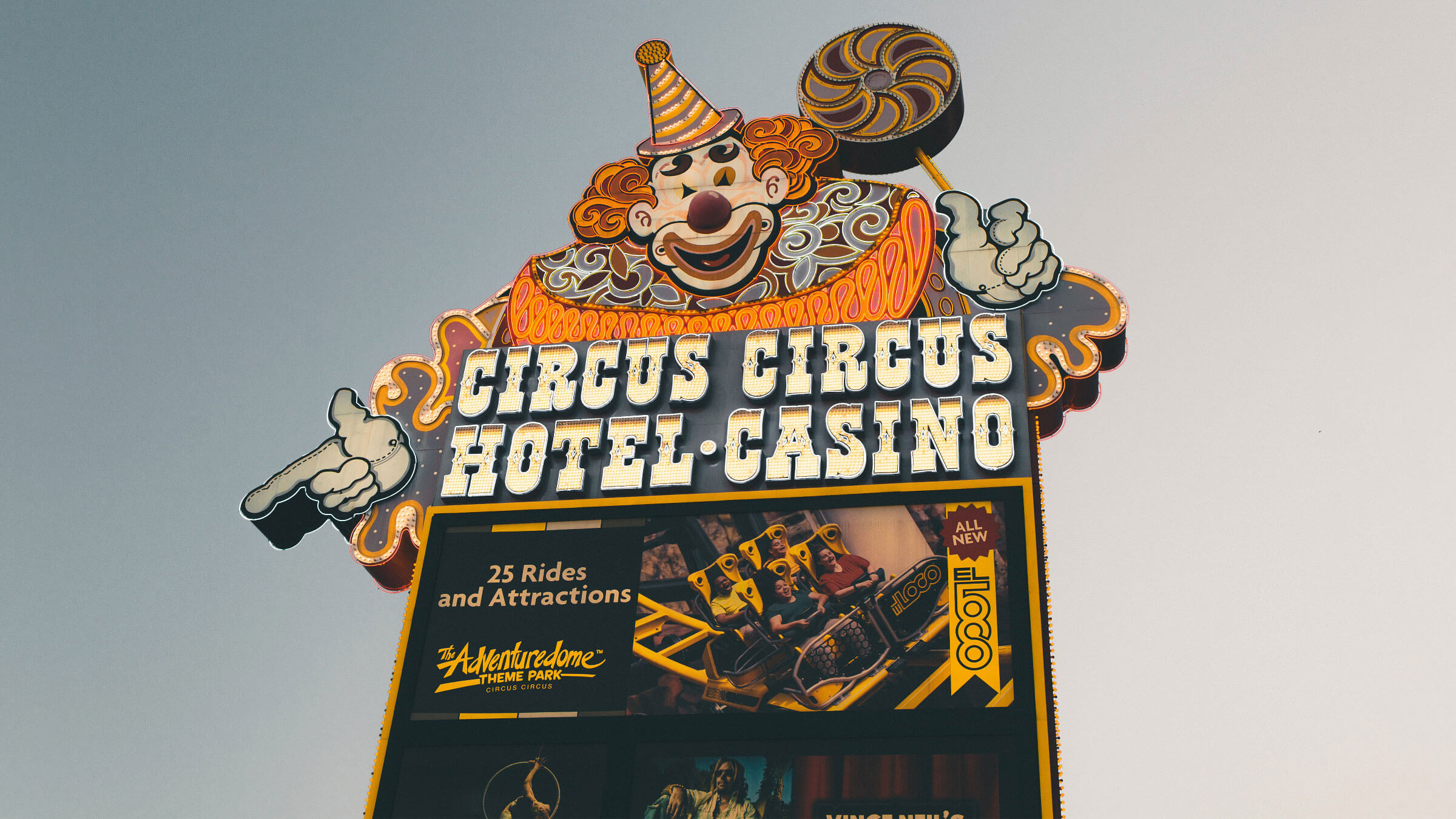 Circus Circus Las Vegas sign with clown and Adventure Dome advertising