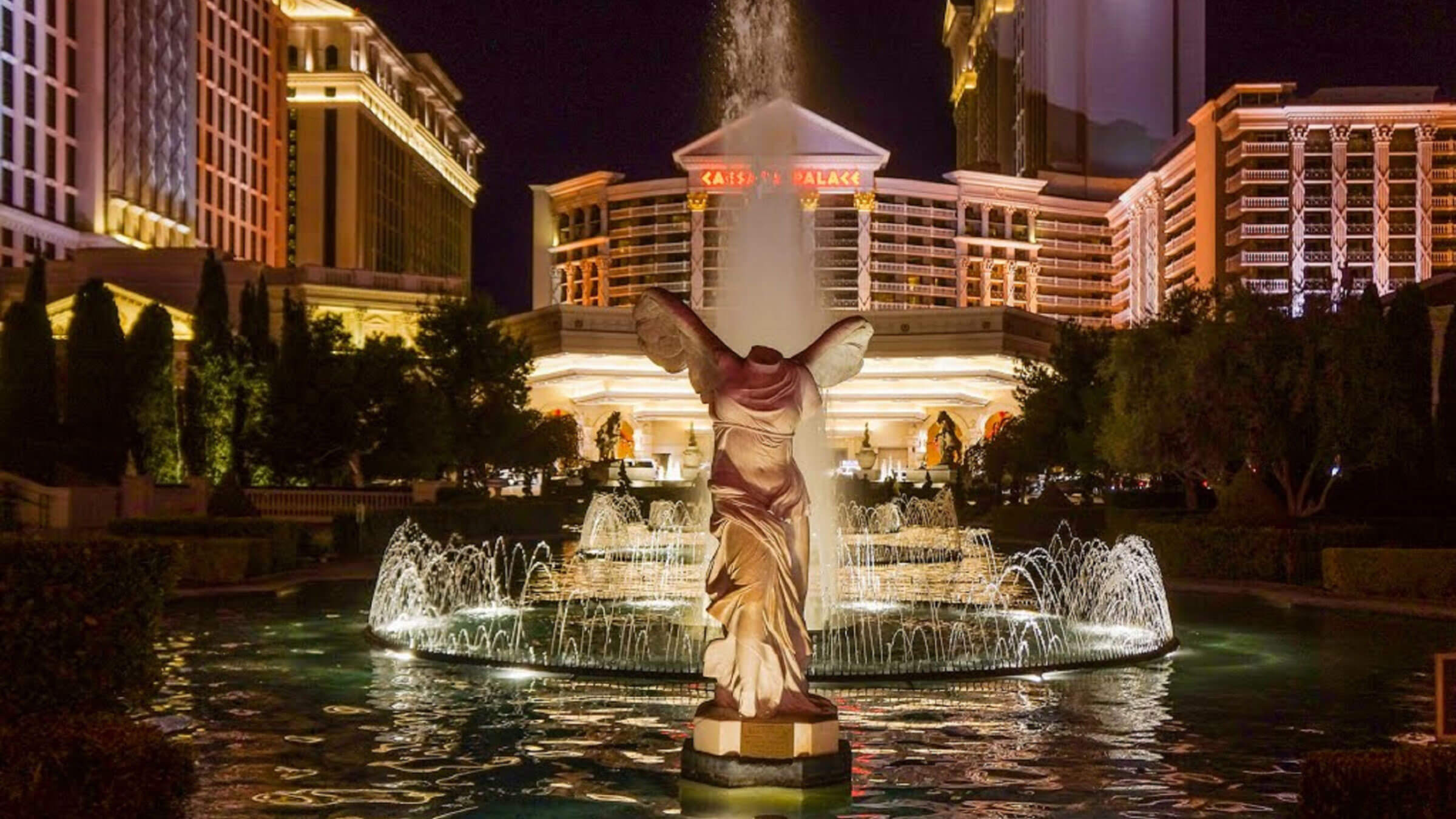 Headless statue in front of a fountain outside of Cesars Palace Las Vegas