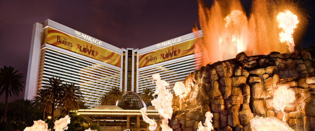 front angle shot of the mirage with the volcano in the forefront