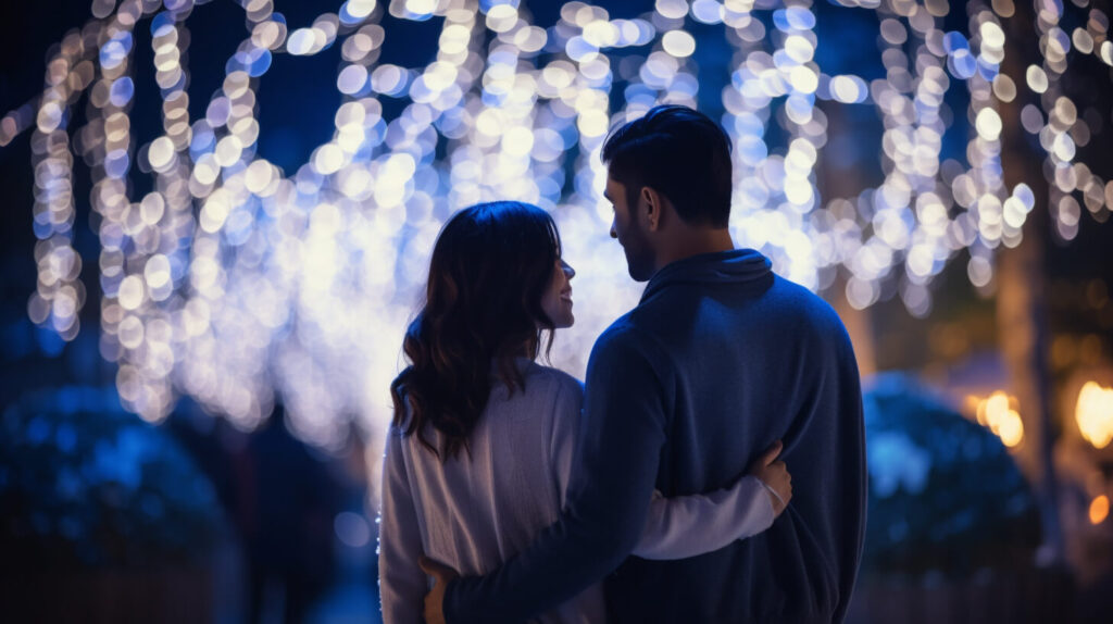 Couple standing in front of holiday lights